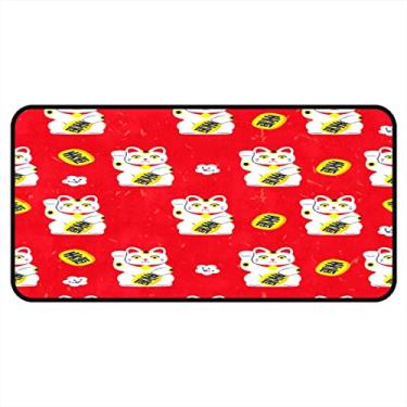 Imagem de Tapetes de cozinha bonitos desenhos animados do Japão Lucky Neko gatos fundo vermelho área de cozinha tapetes e tapetes antiderrapante tapete de cozinha lavável para chão de cozinha casa escritório pia lavanderia interior 101 x 50 cm