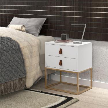 Imagem de Mesa de Cabeceira Estilo Industrial Unic Puxador Couro Estilo Europeu Base Dourada