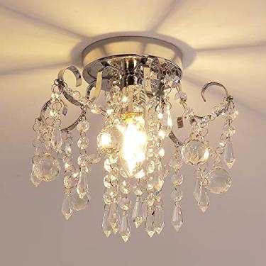 Imagem de Q&S Lustre de cristal pequeno com montagem embutida luminárias de teto moderno mini lustre luminária para corredor, quarto, banheiro, cozinha, metal cromado, claro K9 Crytal