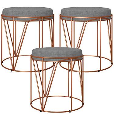 Imagem de Kit 03 Puffs Decorativo Aramado Bronze Zaya L02 Linho Cinza Escuro - Lyam Decor
