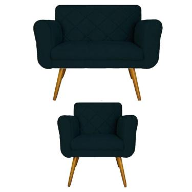 Imagem de Jogo Namoradeira e 1 Poltrona Estofada Salão de Beleza Isabella Suede Azul Marinho - LM DECOR