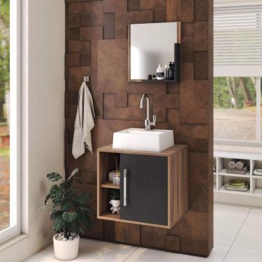Imagem de Conjunto para Banheiro Gabinete com Cuba Quadrada Q32 e Espelheira Soft 500W Compace Nogal/Preto Ônix