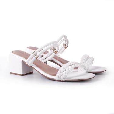 Imagem de Sandália Feminina OLDSEN Salto Baixo Bloco 6cm, Tiras Finas, Sola Antiderrapante, Branca, Tamanho 35