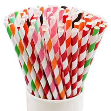 Imagem de BLUE TOP Canudos de papel biodegradáveis, 100 peças, cores variadas, listrados, de papel, para refrigerante, shakes de suco, coquetéis, smoothies, ótimo para festas de celebração, artesanato, projetos