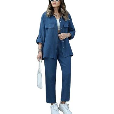 Imagem de Roupas Femininas Casuais de Duas Peças, Cintura Elástica, Calças Femininas de Manga Comprida, Tipo Camisa, Cor Pura para Escritório (M)