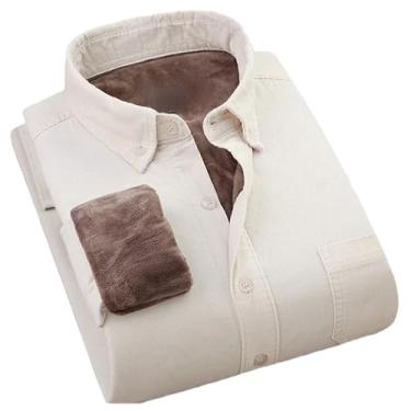 Imagem de Camisa masculina masculina de lã grossa de veludo cotelê de algodão quente de inverno com botões macios e urbanos, Bege, 3G