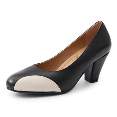 Imagem de Mona flying Sapato feminino retrô estilo scarpin 7 cm salto grosso couro elegante para mulheres, Preto, bege, 35