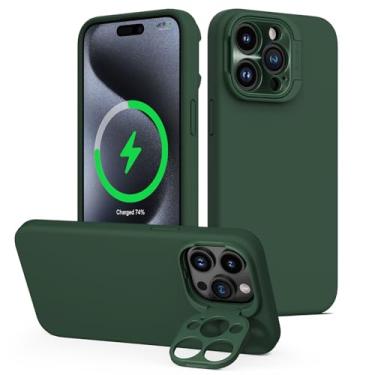 Imagem de Nillkin Capa para iPhone 15 Pro com suporte para câmera, capa de silicone líquido compatível com MagSafe, capa de telefone magnética sedosa CamShield para iPhone 15 Pro 6,1 polegadas, verde