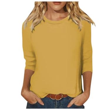 Imagem de Camisetas femininas de verão 2024, folgadas, gola redonda, casual, leve, cor sólida, confortáveis, fofas, camisetas de manga 3/4, Ofertas relâmpago amarelo, GG