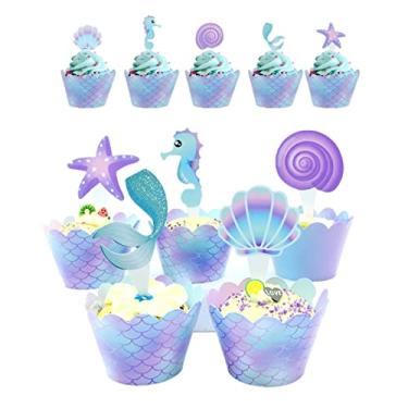 Imagem de Embalagem com 80 peças de enfeite de cupcake de sereia, dupla face, tema de pequena sereia, decoração de chá de bebê sob o mar, lembrancinha de festa de aniversário