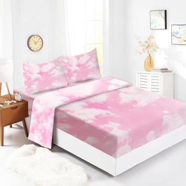 Imagem de Jogo de lençol solteiro rosa nuvem desenho animado 4 peças, lençol de cima e fronha de microfibra escovada, macio e respirável, lençol com elástico alto, fácil de cuidar