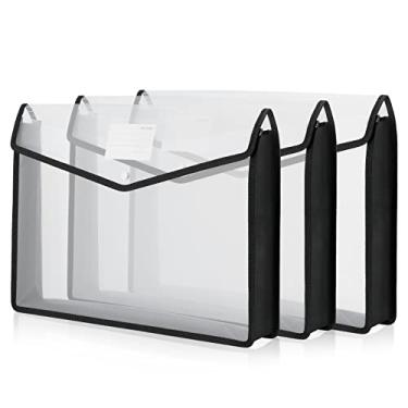 Imagem de Pasta de documentos expansível tamanho tablóide 3 peças 28 x 43 cm com fecho de pressão preto horizontal grande transparente organizador de armazenamento com etiqueta envelopes de plástico pasta de