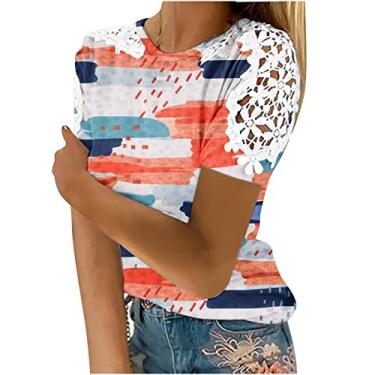 Imagem de Blusa feminina floral de renda patchwork manga curta moderna 2024 tops de verão camisetas casuais macias roupas da moda, Laranja, M