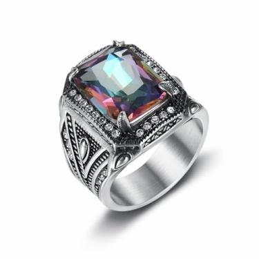 Imagem de HETIMXIA Anéis de pedra multicolorida para homens anéis de aço inoxidável 316 masculino padrão quadrado anéis religiosos joias para homens anéis de metal pesado presentes de dia dos pais joias