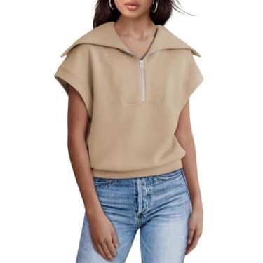 Imagem de Zwurew Camisetas femininas de manga curta, meio zíper, roupas de verão 2024 da moda, Caqui, GG