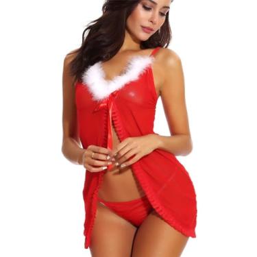 Imagem de GMDNS Lingerie erótica, fantasias eróticas de Natal, vestido de renda, sexy, chapéu de Papai Noel, calcinhas, terno feminino de renda transparente com cordão, vestidos para casa, vermelho, GG