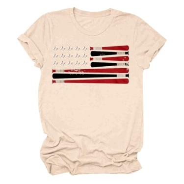 Imagem de Camiseta feminina de beisebol com gola redonda, manga curta, caimento solto, camiseta de verão para sair, Bege, M