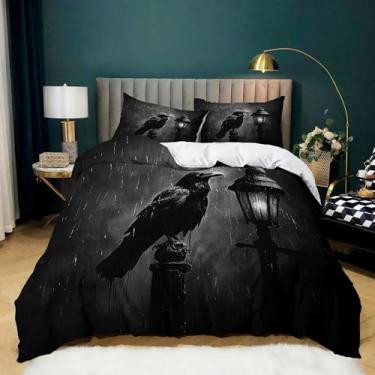 Imagem de Jogo de cama king size com estampa de corvo preto 259 x 228 cm, capa de edredom de microfibra tamanho king, 3 peças para todas as estações, com fecho de zíper e 2 fronhas