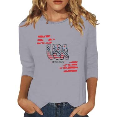 Imagem de Camisetas femininas 4th of July Star Stripes USA Festival Blusa manga 3/4 bandeira americana moda verão 2024, Cinza, G