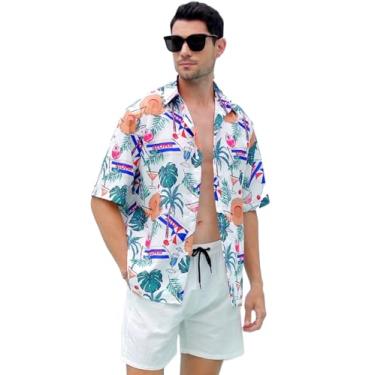 Imagem de Eisctnd Camisa havaiana masculina de verão, praia, manga curta, abotoada, camisas tropicais, Dia de verão branco, G