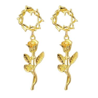 Imagem de Brinco Feminino Delicado Flor Rosa Dourado Coroa Espinho Lux