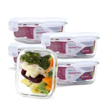 Imagem de Conjunto 5 Pote Vidro Hermético Marmita Tampa Silicone 520ml (Branco)