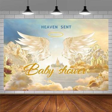 Imagem de EMDSPR Pano de fundo para chá de bebê Heaven Sent, cenário de asas de anjo, 2,1 x 1,5 m, fundo fotográfico de festa de presente de Deus, suprimentos para festas de aniversário, banner, mesa de bolo,