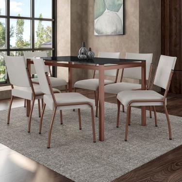 Imagem de Mesa de Jantar Retangular Fabone Alexa Tampo de Vidro 140x80cm com 6 Cadeiras Dora Revestidas em Courino