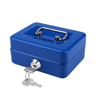 Imagem de SAFEMini caixa de dinheiro com trava e ranhura pequena caixa de dinheiro com bandeja de dinheiro cofrinho de metal cofre 12,4 cm x 9,4 cm x 6 cm azul