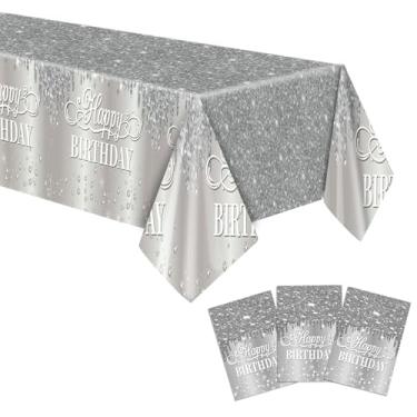 Imagem de Xiliconie 3 peças de toalha de mesa prata para festas, caminho de mesa prateado, retangular, toalha de mesa descartável, decoração de festa de aniversário, casamento, festa de formatura