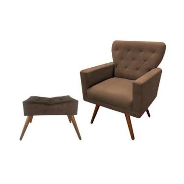 Imagem de Kit Poltrona Decorativa Aurora + 1 Puff Retangular Suede Marrom Pés Ma