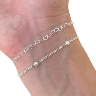 Imagem de Kit 2 Pulseira Feminina Prata 925 Elos de Corações Bolinhas - Hakuna J