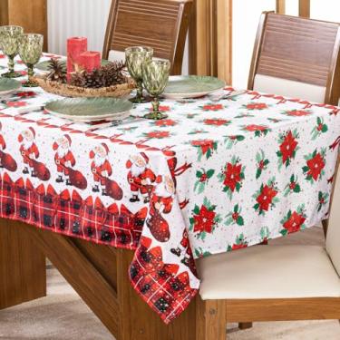Imagem de Toalha de Mesa Retangular 2,50m x 1,40m para 8 Lugares Avulsa Estampada Natalina com Hotfix Alto Relevo Estrelado - Decoração Natal Festas Cozinha Jantar Ceia Véspera (Xadrez Vermelho)