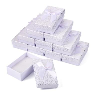 Imagem de KISSITTY 12 peças de caixas de presente de papelão, padrão de coração, caixas de joias de papel com colar de esponja, brinco, anel, caixas de embalagem de 8 x 4 x 2,8 cm para aniversário, dia dos