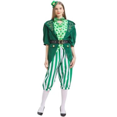 Imagem de Frojuly Fantasia de duende feminina Dia de São Patrício adulto verde amuletos da sorte roupa 7 peças jaqueta irlandesa feminina terno para festa, Verde, 3G