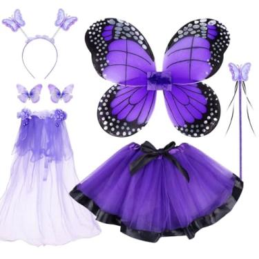 Imagem de WILDPARTY Girl Fairy Costume Set with Butterfly Wings, Tutu, Magic Wand, Headband and Veil Costume Set for 3-8 Years Girl Dress up and Birthday Party Ballet Dance (Spotty Purple)