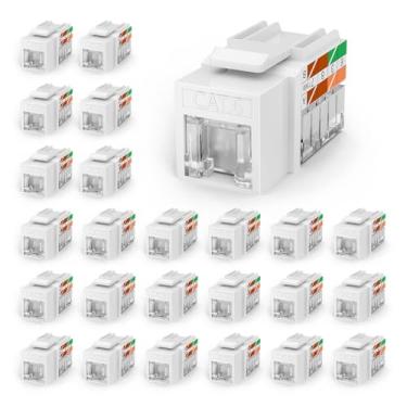 Imagem de VCELINK Conectores RJ45 Cat6 Keystone, pacote com 25 unidades, conectores modulares Ethernet punch down de 90 graus, adaptador de conector Keystone UTP, branco