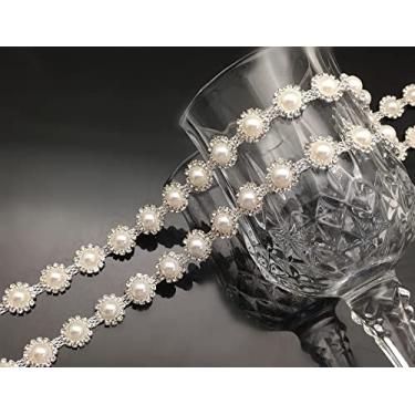 Imagem de FQTANJU Acabamento de strass de 1 jarda, corrente de strass de cristal com aplique de strass de pérola marfim elegante para decoração faça você mesmo bolsa de roupas ou cinto faixa de noiva para cabeça