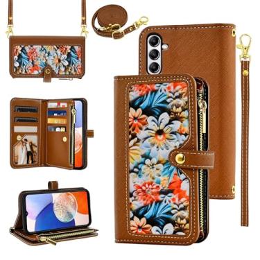 Imagem de Furiet Capa carteira floral para Samsung Galaxy S24 Plus S24+ 5G com alça de pulso alça de ombro flip bolsa com zíper, suporte de cartão de couro PU de luxo para S24plus 24S + S 24 24+ feminino marrom