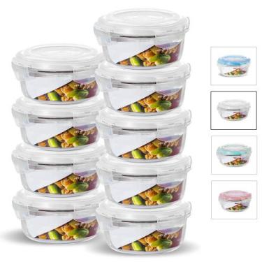 Imagem de Kit Conjunto 9 Potes Vidro Hermético Tampa Plástico Marmita Mantimento