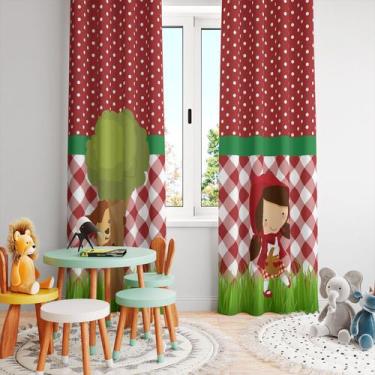 Imagem de Cortina Tecido Oxford Quarto Infantil Lobo e Chapéuzinho Xadrez e Poá 