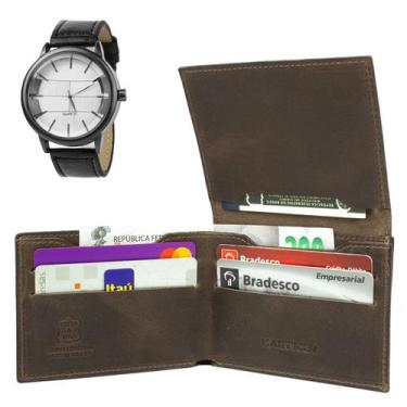 Imagem de Carteira Masculina De Couro Porta Cartão Pequeno Compacto + Relógio Ma