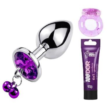 Imagem de Kit plug anal com sino + anel peniano com vibro + 100 dor bisnaga 18g 