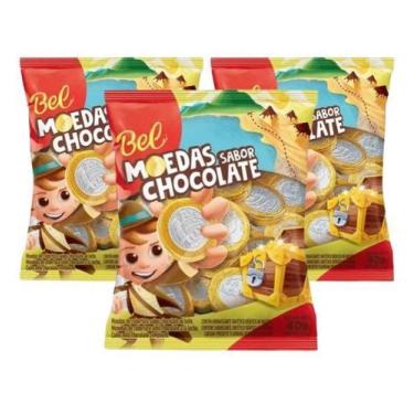 Imagem de Moedas sabor Chocolate Bel contendo 3 pacotes de 40g cada