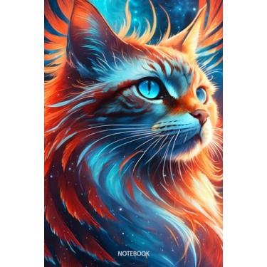 Imagem de Cool Colorful Furry Cat Illustration Graphic Art Journal Paperback: 100 Blank Ruled Pages 6x9 inch: Close Up of Cat, like a Phoenix Fire, Red and Blue ... Graphic Art Notebook Diary, Back to School