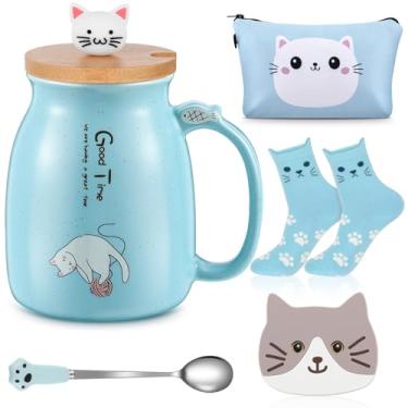 Imagem de Uiifan 5 peças de presentes para amantes de gatos para mulheres, presente de gato para dia das mães e aniversário - xícara de chá de cerâmica com tampa adorável de gatinho, colher kawaii, porta-copos
