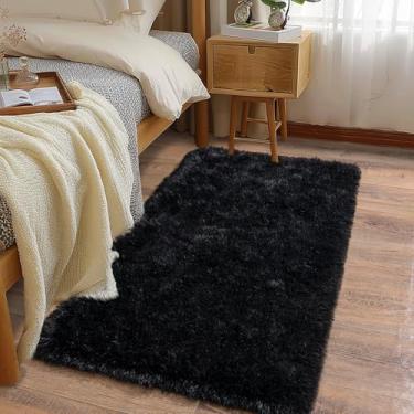 Imagem de Ailyei Tapetes macios para corredores de quarto, 5 x 10 cm preto felpudo tapete antiderrapante para dormitório de cabeceira, tapete peludo longo para berçário e sala de estar