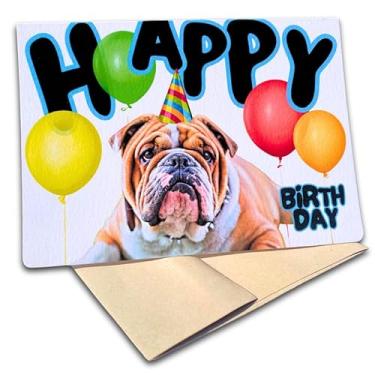 Imagem de Fava Bean Productions Cartão de feliz aniversário com cães, cartão de buldogue inglês (1 cartão premium, 12,7 x 18 cm, em branco dentro), cartão de aniversário com tema de cachorro, cartão de