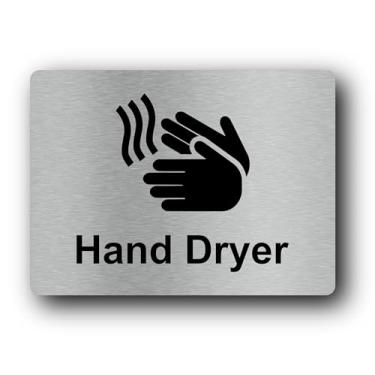 Imagem de Placa prateada metálica para secador de mãos - Sinalização instrucional de alumínio impressa em UV para uso interno e externo - suporte autoadesivo para descascar e colar - fácil instalação - Placa