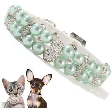 Imagem de Coleira de pérola para cães, colar de pérolas de gato com strass de luxo com contas de diamante, joia para gatinho para meninas pequenas, médias (verde, M (pescoço para 23-28 cm))